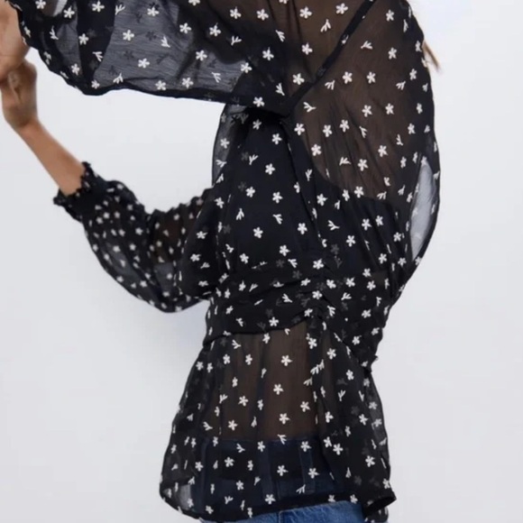 NWOT ZARA Black Sheer High Neck Ruffle Blouse XS - Picture 5 of 11